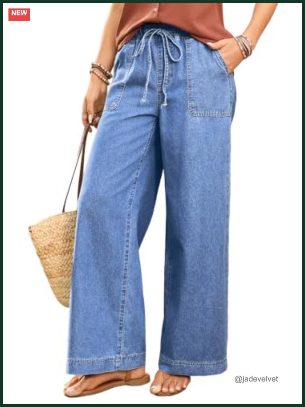 High Waisted Baggy Wide Leg Jeans with Pockets Drawstring